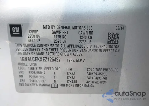 2014 Chevrolet Equinox 2Lt from USA, damaged, VIN 1GNALCEKXEZ125427